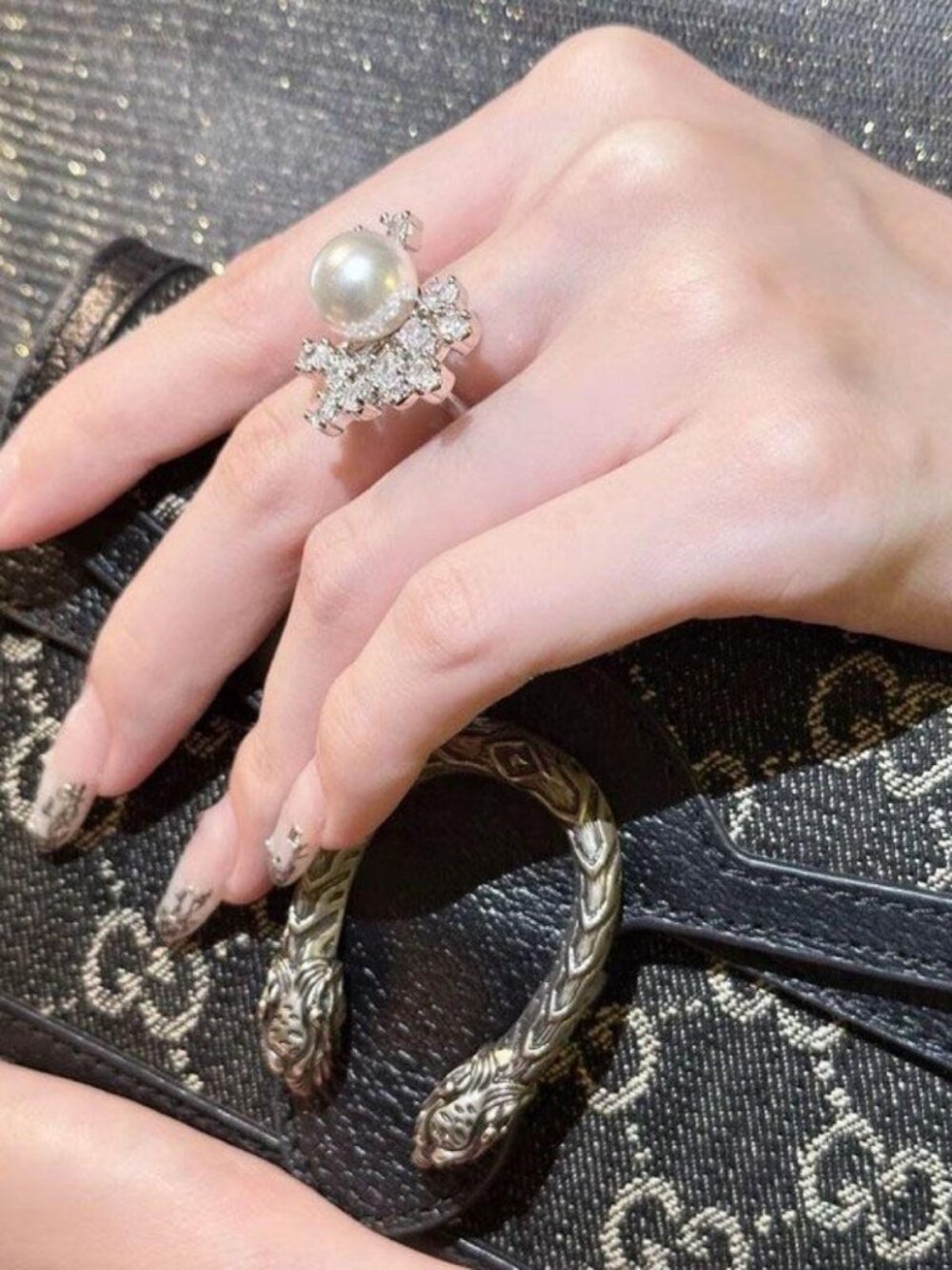 Pearl Flower Crystal Ring Halo Statement Ring Silver Tone Vintage Bridal Style